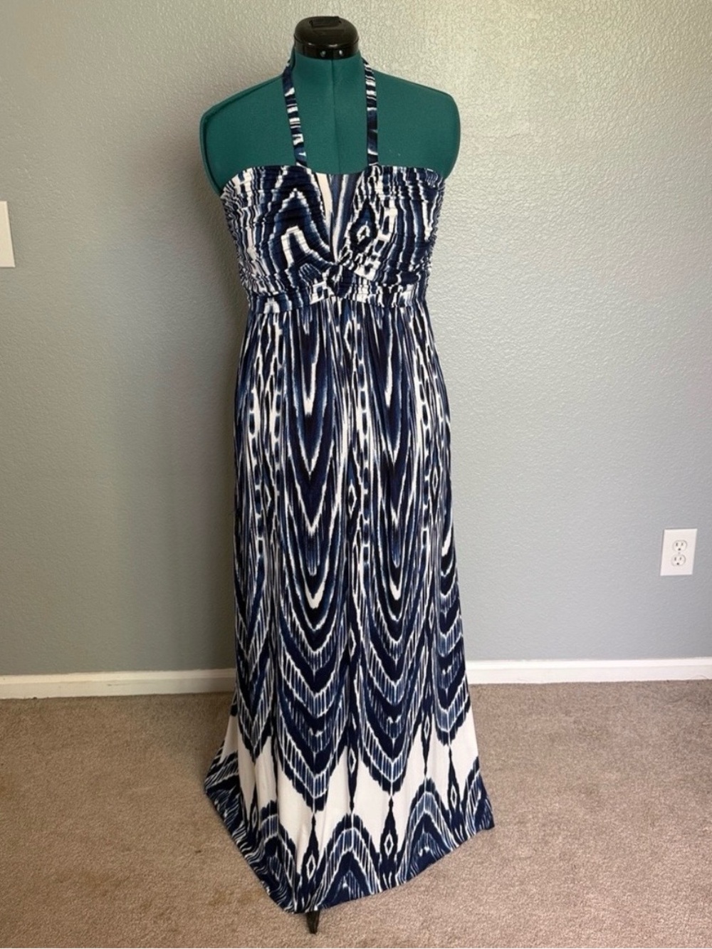 Soma Navy & White Ikat Halter Maxi Bra Dress
